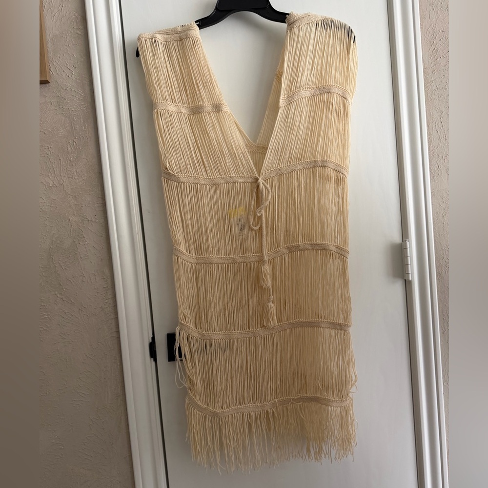 Fringe V-Neck Boho Cover-Up Dress in Cream size Large Beach